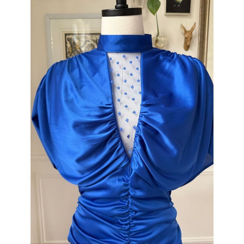Vintage 80s Mayven’s of California Cobalt Blue Rocker Chic Ruched Midi Dress M - Picture 2 of 7